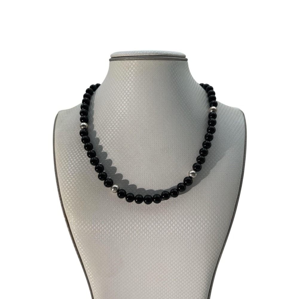 Vintage Signed DTR Desert Rose Trading Sterling Silver 925 Onyx Beaded Necklace
